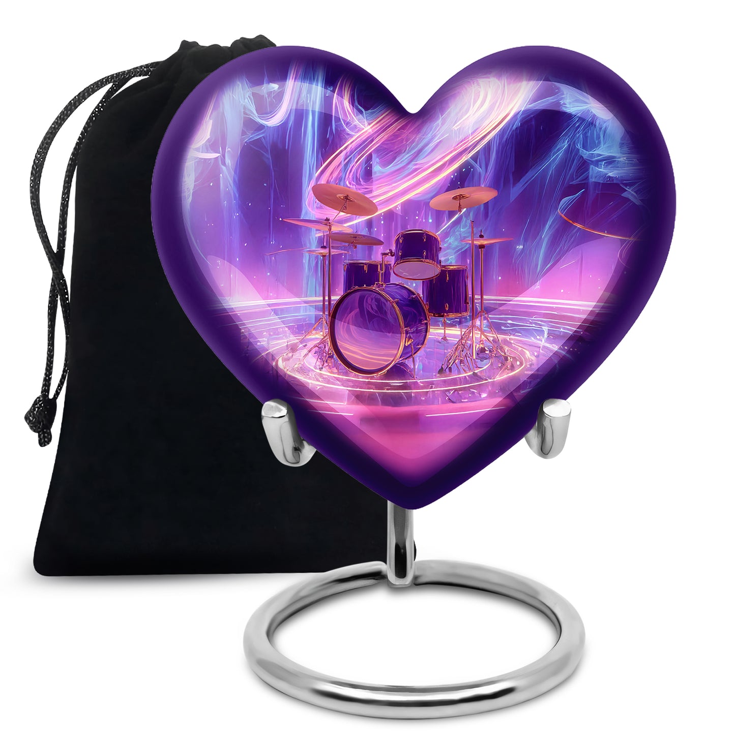Plum Purple Drums Cremation Urn detail view - loving heart memorial featuring drums pattern - full-size 10 inch 200 cubic inch adult cremation urn