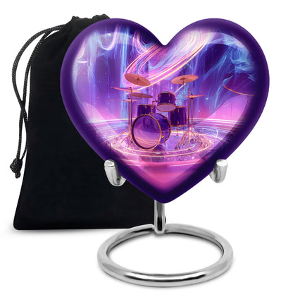 Plum Purple Drums Cremation Urn detail view - loving heart memorial featuring drums pattern - full-size 10 inch 200 cubic inch adult cremation urn