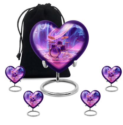 Deep Purple Drums Cremation Urn close-up of engraving and surface detail - heart-shaped drums design symbolizing eternal love - memorial set with one large and four small urns