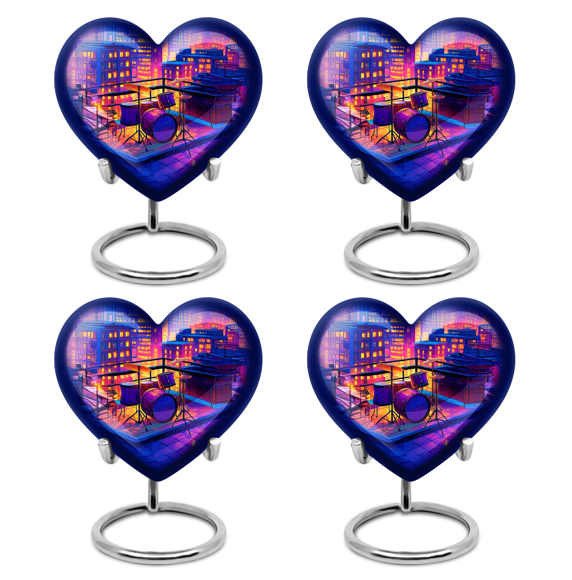 Twilight Purple Drums Cremation Urn angled view of lid and engraved motif - compassionate heart-drums combination with gentle curves - 10 inch aluminum urn for cremated remains