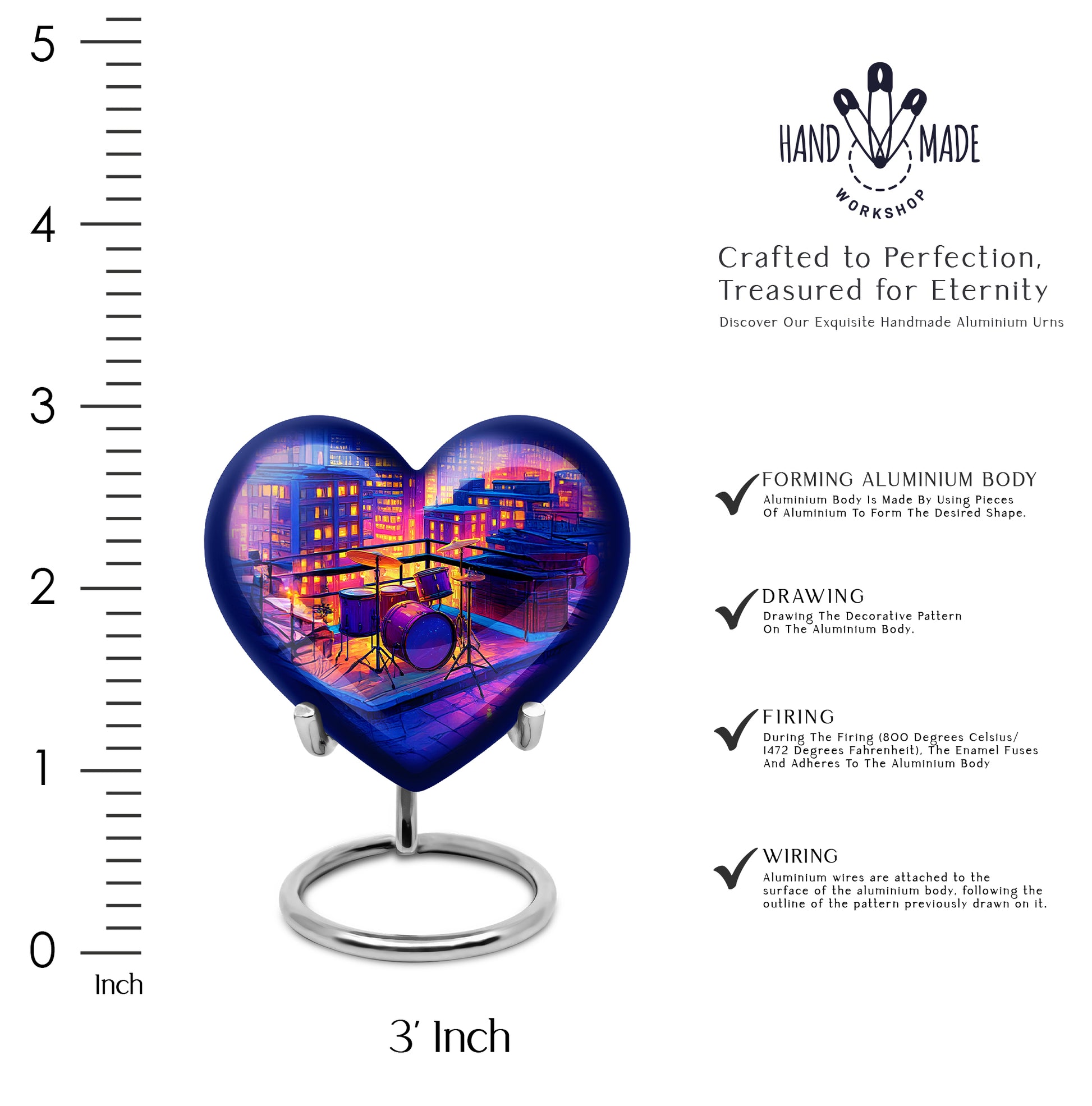 Deep Purple Drums Cremation Urn front view showing detailed design - heart-shaped drums design symbolizing eternal love - mini keepsake memorial for portion of cremation ashes