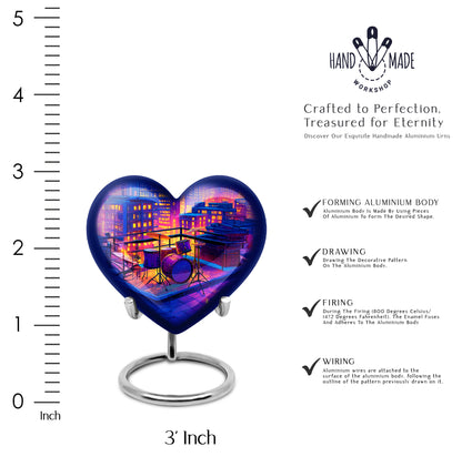 Deep Purple Drums Cremation Urn front view showing detailed design - heart-shaped drums design symbolizing eternal love - mini keepsake memorial for portion of cremation ashes