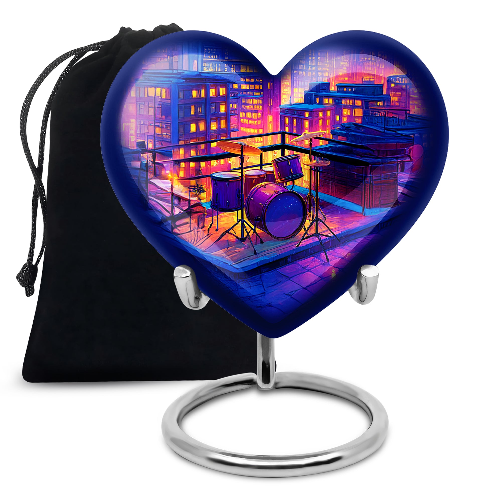 Orchid Purple Drums Cremation Urn detail view - heart-shaped drums design symbolizing eternal love - full-size 10 inch 200 cubic inch adult cremation urn