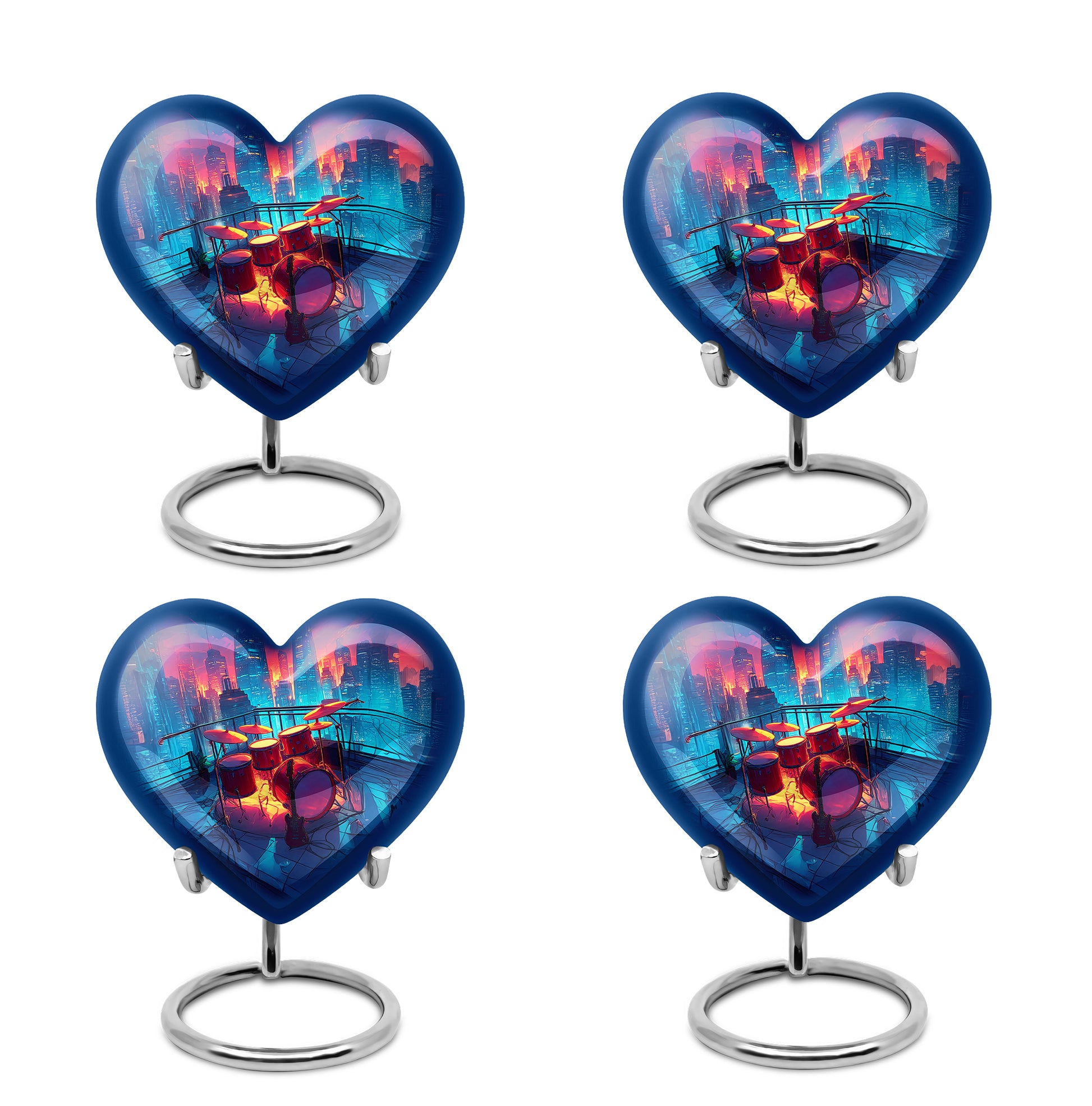 Calming Blue Drums Cremation Urn angled view of lid and engraved motif - compassionate heart-drums combination with gentle curves - 10 inch aluminum urn for cremated remains