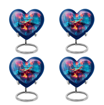 Calming Blue Drums Cremation Urn angled view of lid and engraved motif - compassionate heart-drums combination with gentle curves - 10 inch aluminum urn for cremated remains