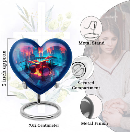 Pastel Blue Drums Cremation Urn front view showing detailed design - loving heart memorial featuring drums pattern - mini keepsake memorial for portion of cremation ashes