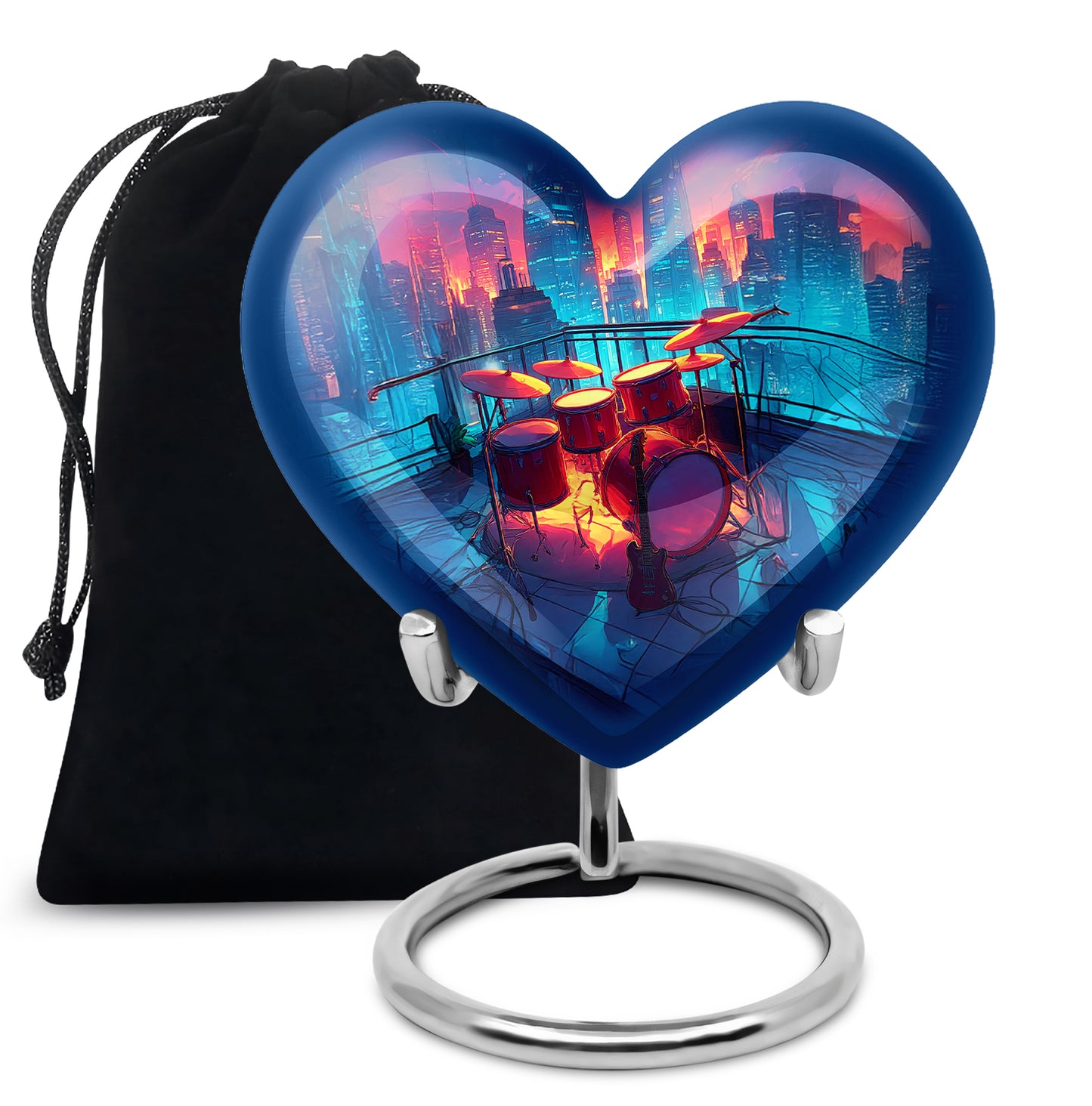 Vivid Blue Drums Cremation Urn detail view - romantic heart urn with drums motif on aluminum - full-size 10 inch 200 cubic inch adult cremation urn