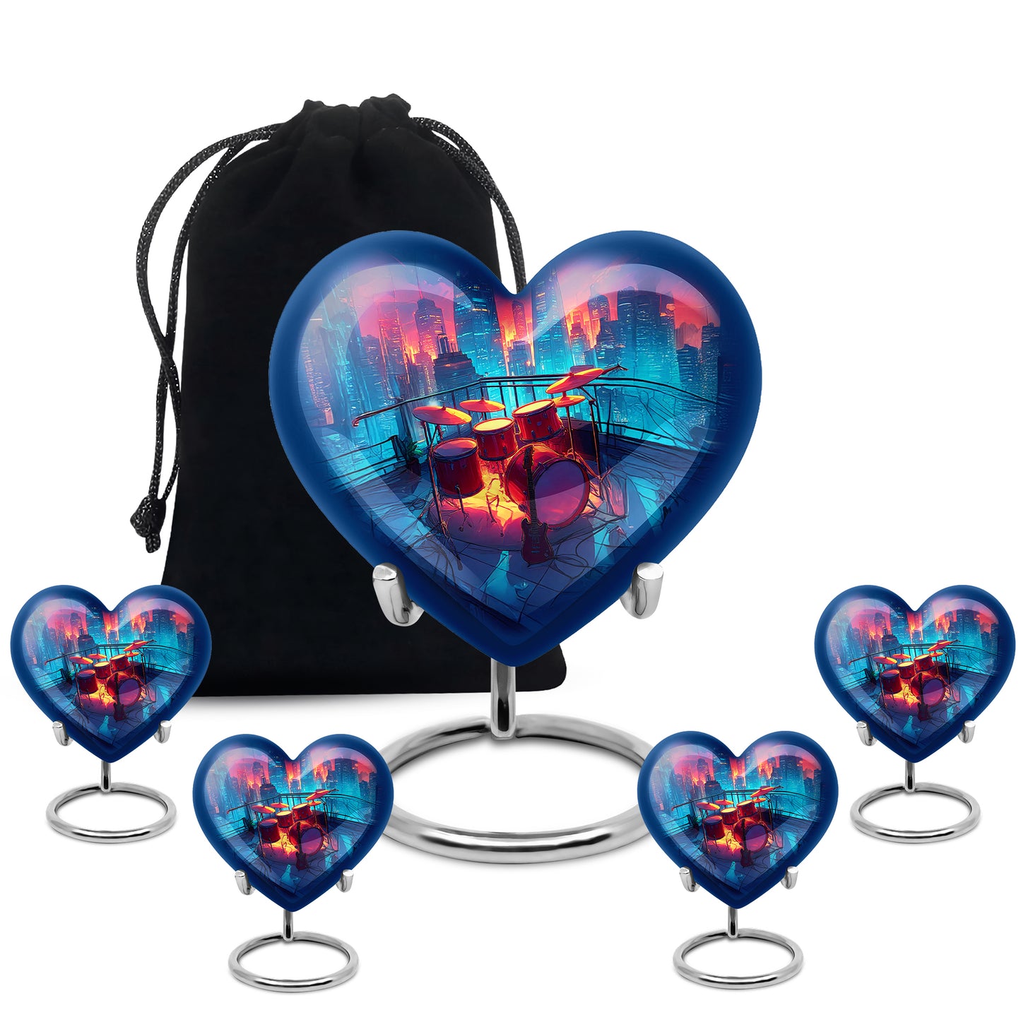 Slate Blue Drums Cremation Urn close-up of engraving and surface detail - heart-shaped drums design symbolizing eternal love - memorial set with one large and four small urns
