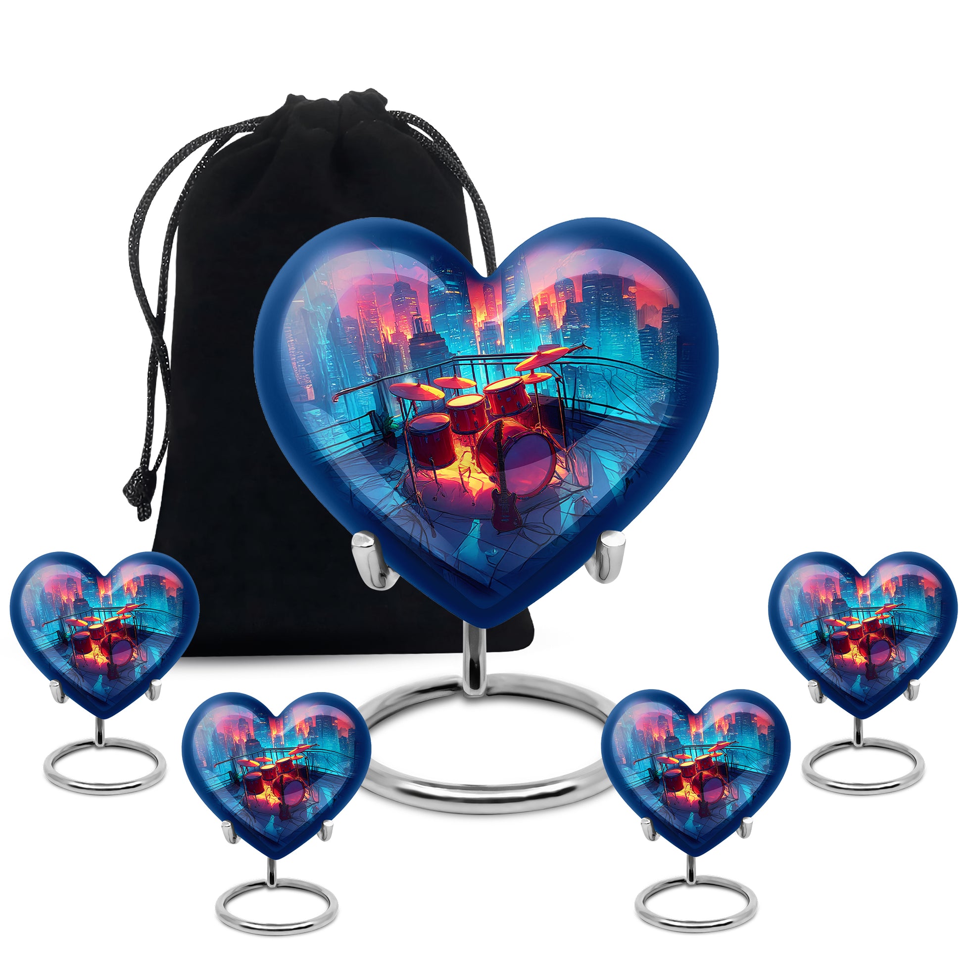Slate Blue Drums Cremation Urn close-up of engraving and surface detail - heart-shaped drums design symbolizing eternal love - memorial set with one large and four small urns