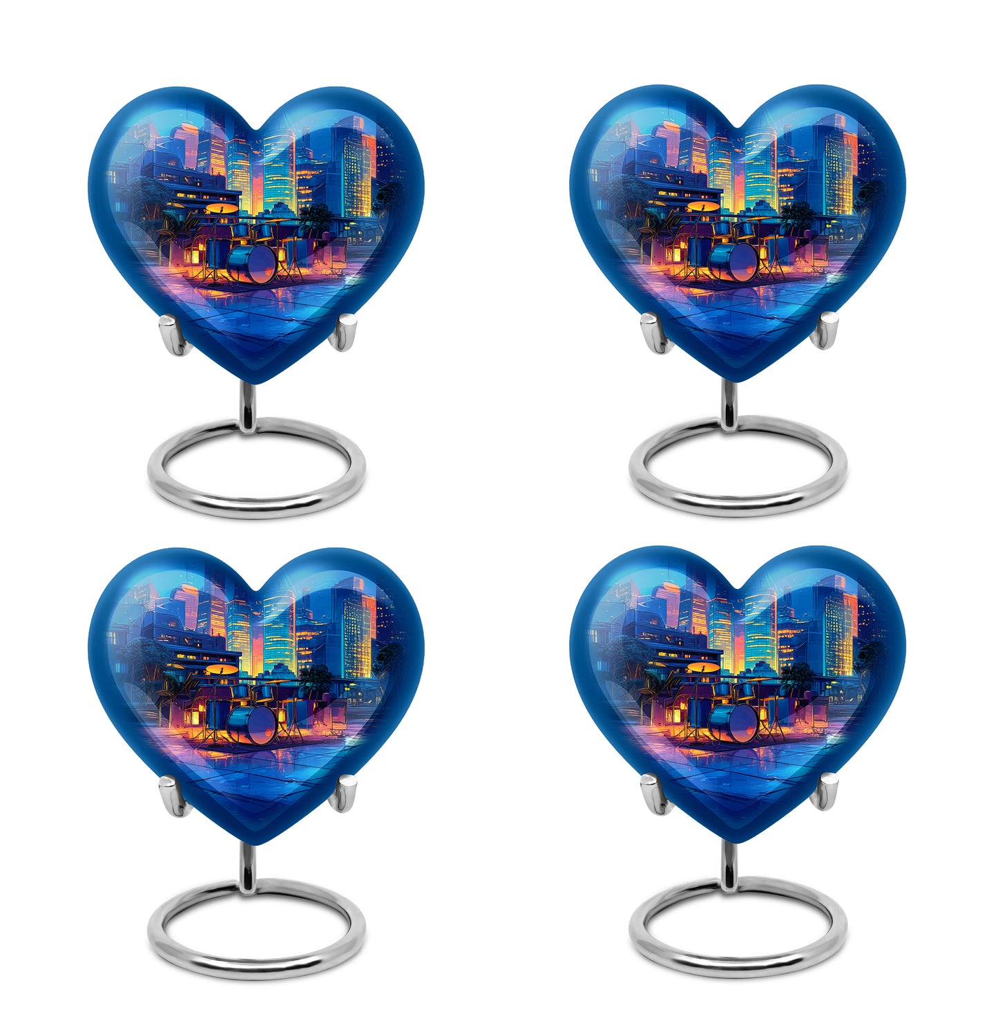 Sky Blue Drums Cremation Urn angled view of lid and engraved motif - heart-shaped drums design symbolizing eternal love - 10 inch aluminum urn for cremated remains