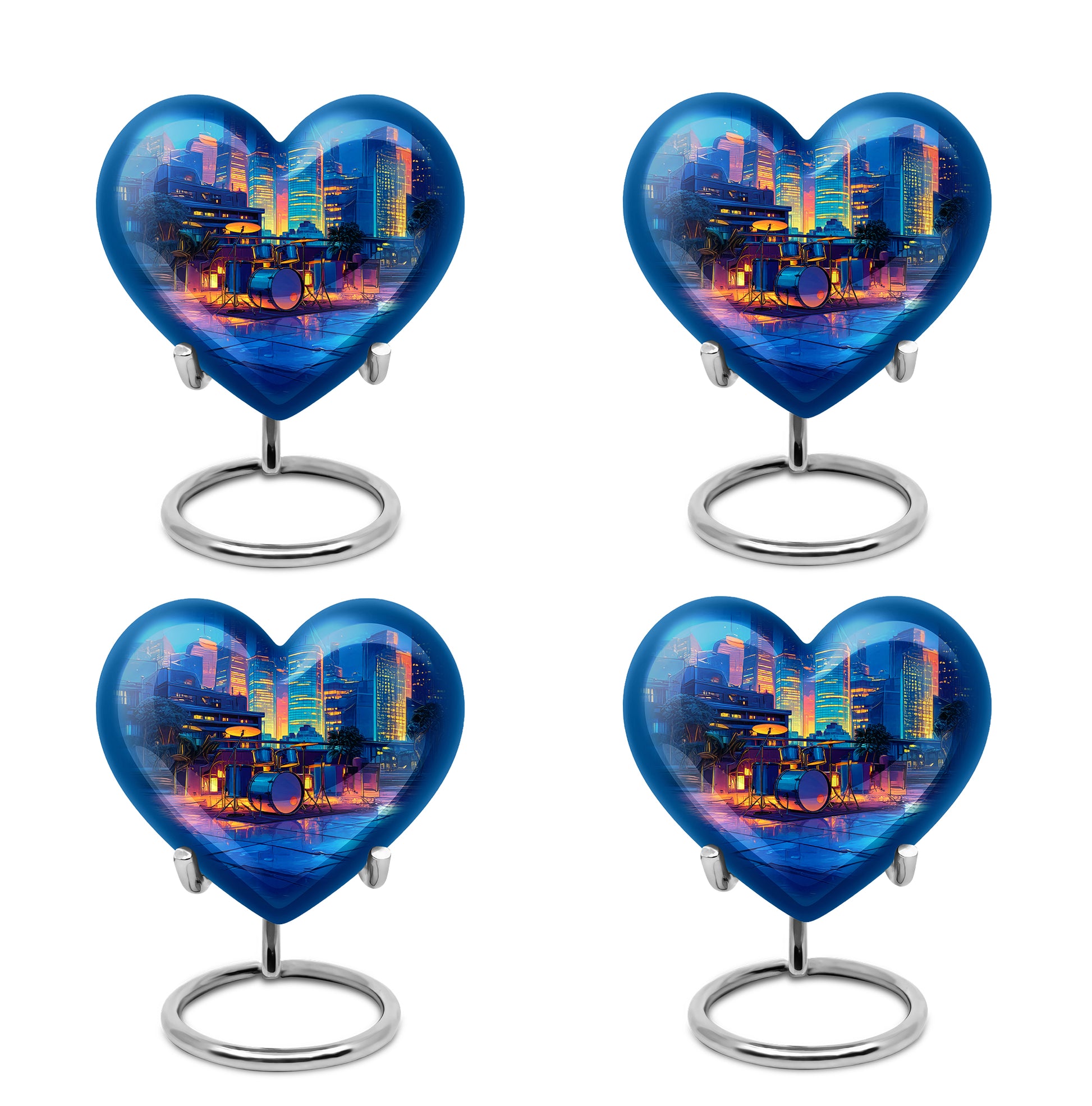 Sky Blue Drums Cremation Urn angled view of lid and engraved motif - heart-shaped drums design symbolizing eternal love - 10 inch aluminum urn for cremated remains