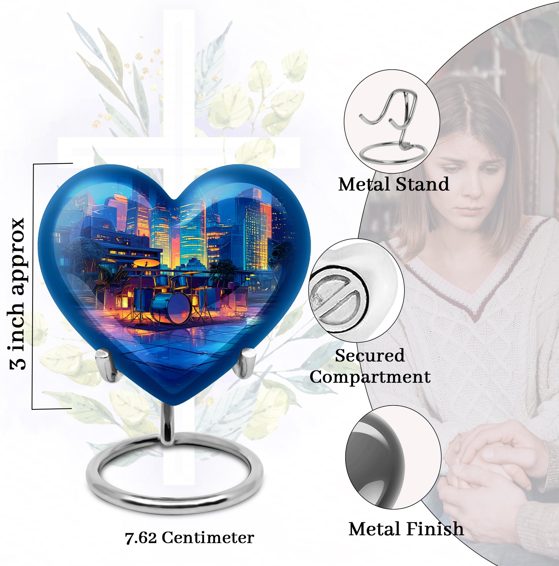 Icy Blue Drums Cremation Urn front view showing detailed design - heart-shaped drums design symbolizing eternal love - mini keepsake memorial for portion of cremation ashes