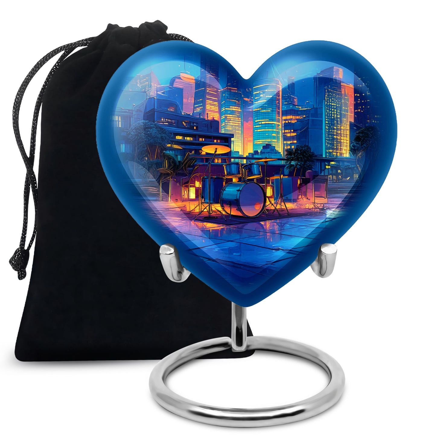 Calming Blue Drums Cremation Urn detail view - romantic heart urn with drums motif on aluminum - full-size 10 inch 200 cubic inch adult cremation urn