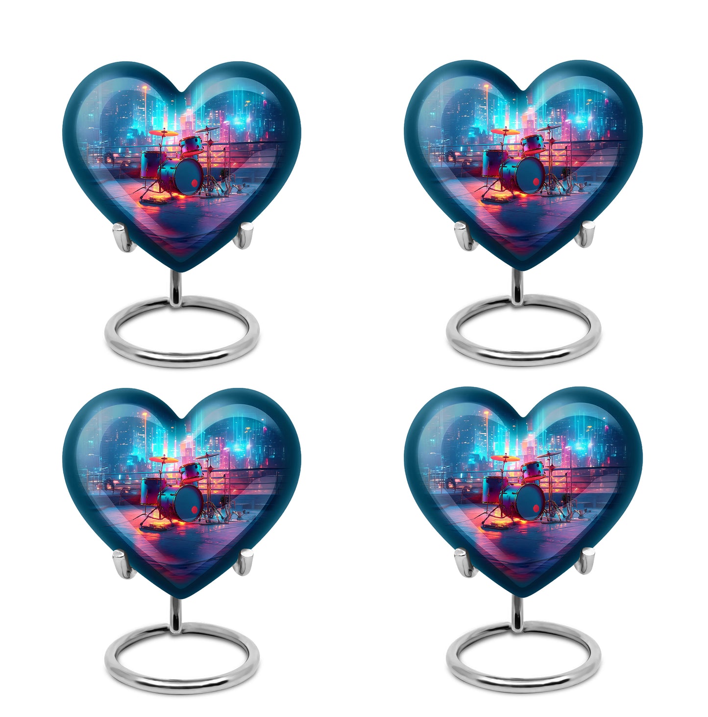 Cornflower Blue Drums Cremation Urn angled view of lid and engraved motif - compassionate heart-drums combination with gentle curves - 10 inch aluminum urn for cremated remains