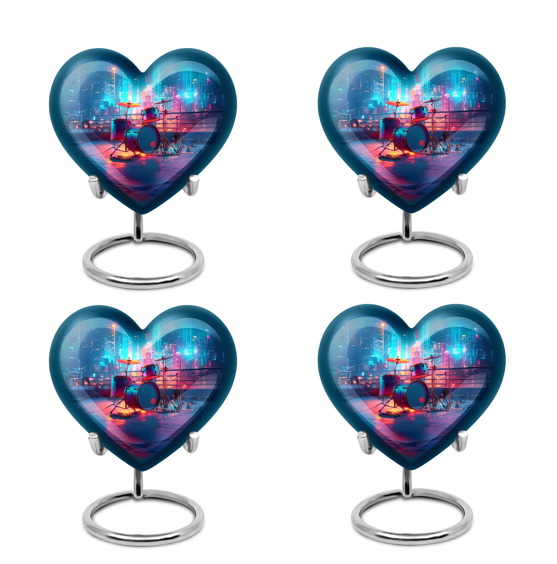 Cornflower Blue Drums Cremation Urn angled view of lid and engraved motif - compassionate heart-drums combination with gentle curves - 10 inch aluminum urn for cremated remains