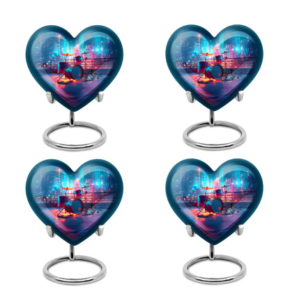 Cornflower Blue Drums Cremation Urn angled view of lid and engraved motif - compassionate heart-drums combination with gentle curves - 10 inch aluminum urn for cremated remains