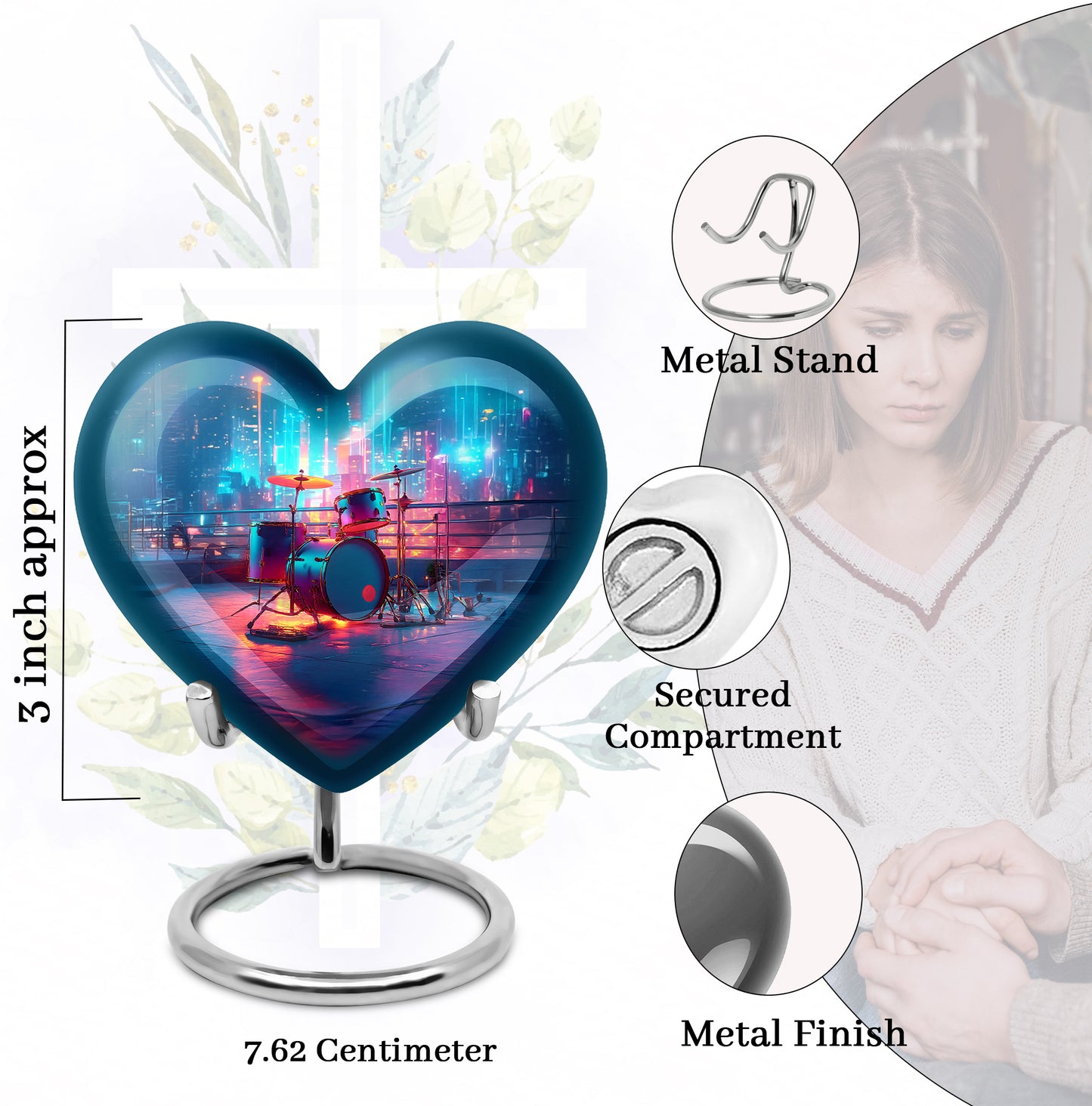 Sky Blue Drums Cremation Urn front view showing detailed design - loving heart memorial featuring drums pattern - mini keepsake memorial for portion of cremation ashes