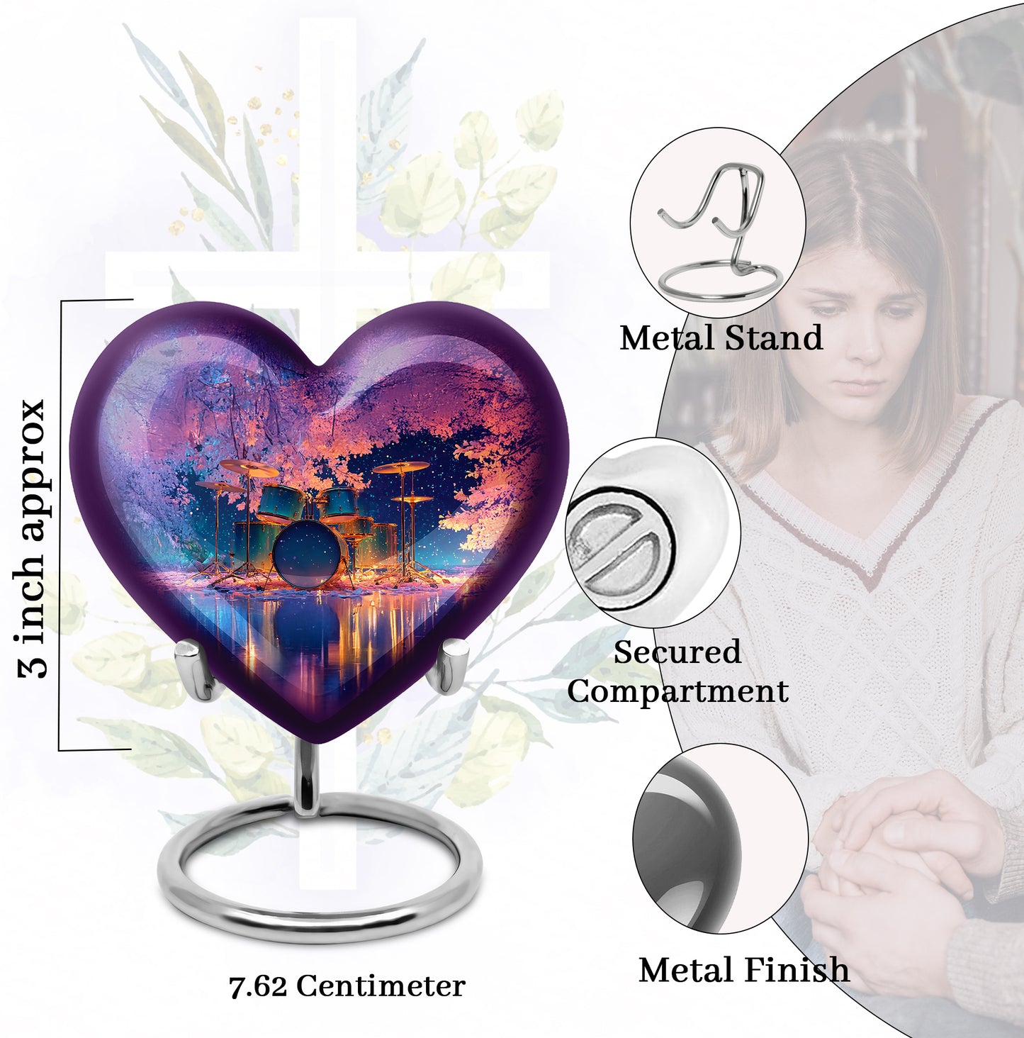 Soft Blue Drums Cremation Urn front view showing detailed design - compassionate heart-drums combination with gentle curves - mini keepsake memorial for portion of cremation ashes