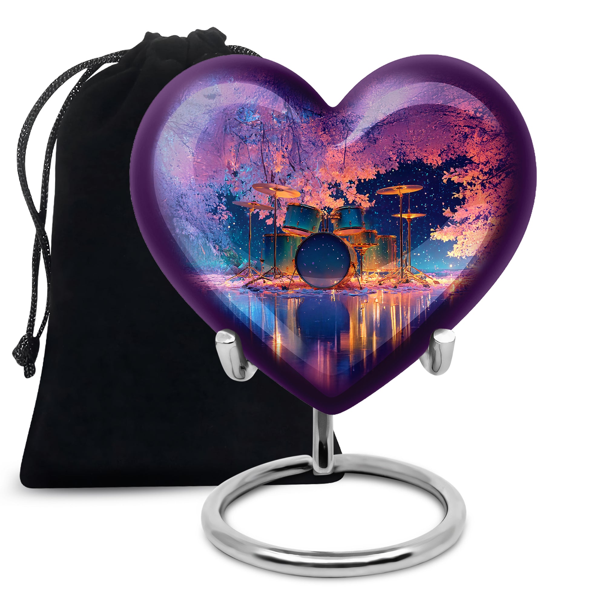 Dusty Blue Drums Cremation Urn detail view - loving heart memorial featuring drums pattern - full-size 10 inch 200 cubic inch adult cremation urn