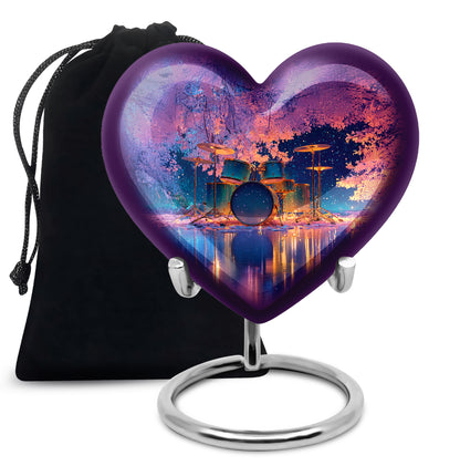 Dusty Blue Drums Cremation Urn detail view - loving heart memorial featuring drums pattern - full-size 10 inch 200 cubic inch adult cremation urn