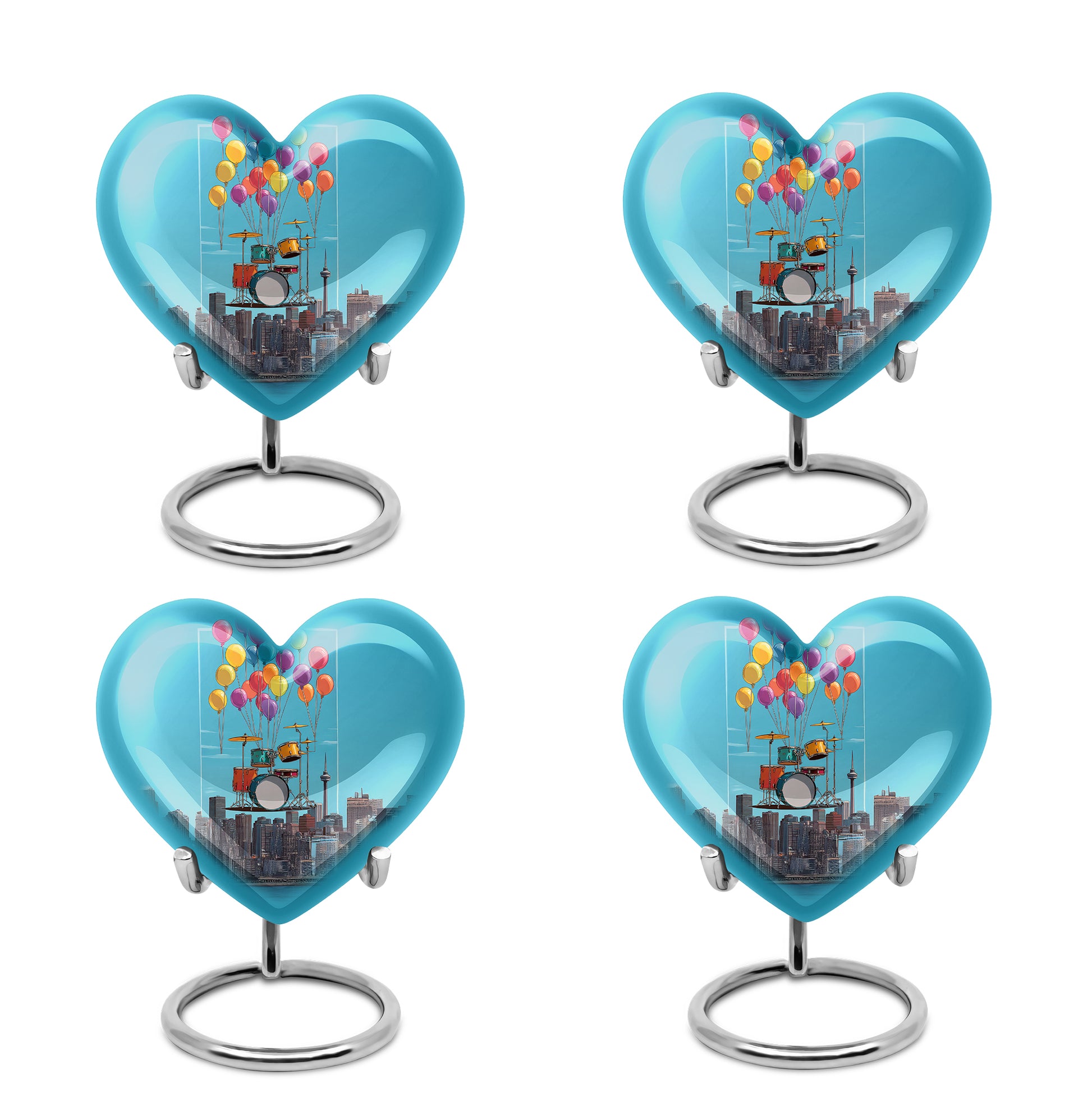 Cornflower Blue Drums Cremation Urn angled view of lid and engraved motif - compassionate heart-drums combination with gentle curves - 10 inch aluminum urn for cremated remains