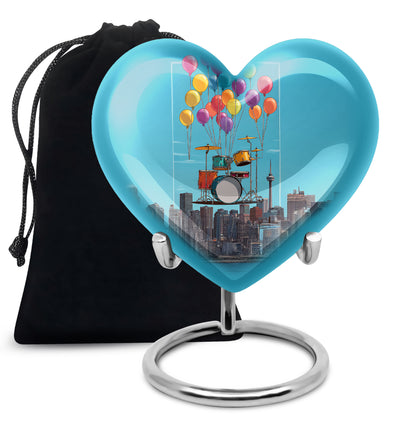 Navy Blue Drums Cremation Urn detail view - heart-shaped drums design symbolizing eternal love - full-size 10 inch 200 cubic inch adult cremation urn
