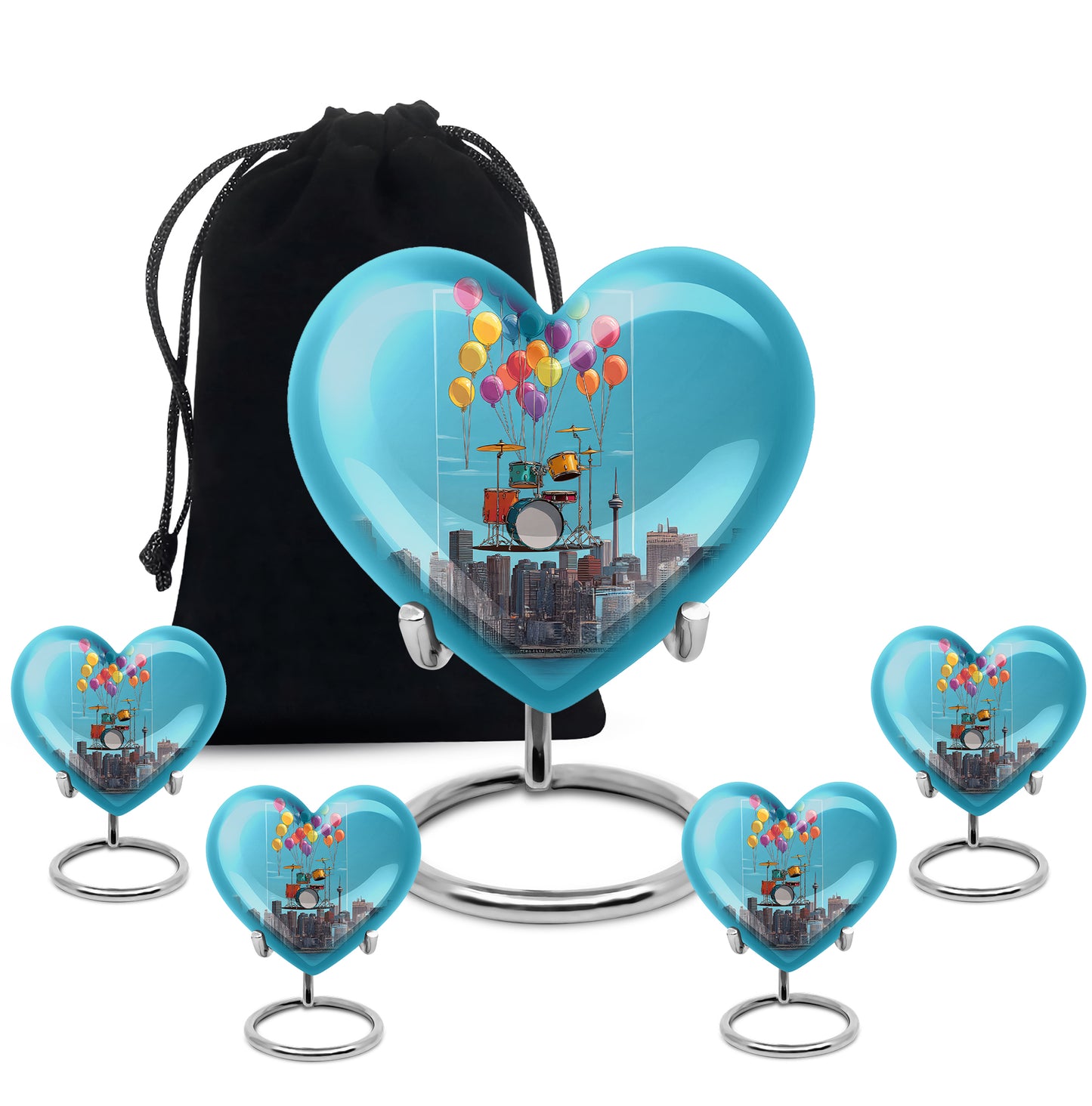 Misty Blue Drums Cremation Urn close-up of engraving and surface detail - heart-shaped drums design symbolizing eternal love - memorial set with one large and four small urns