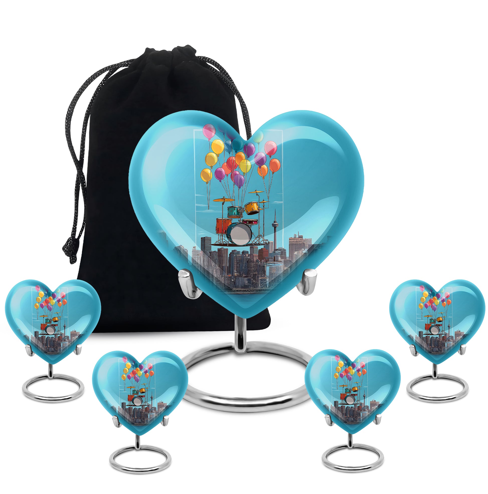 Misty Blue Drums Cremation Urn close-up of engraving and surface detail - heart-shaped drums design symbolizing eternal love - memorial set with one large and four small urns