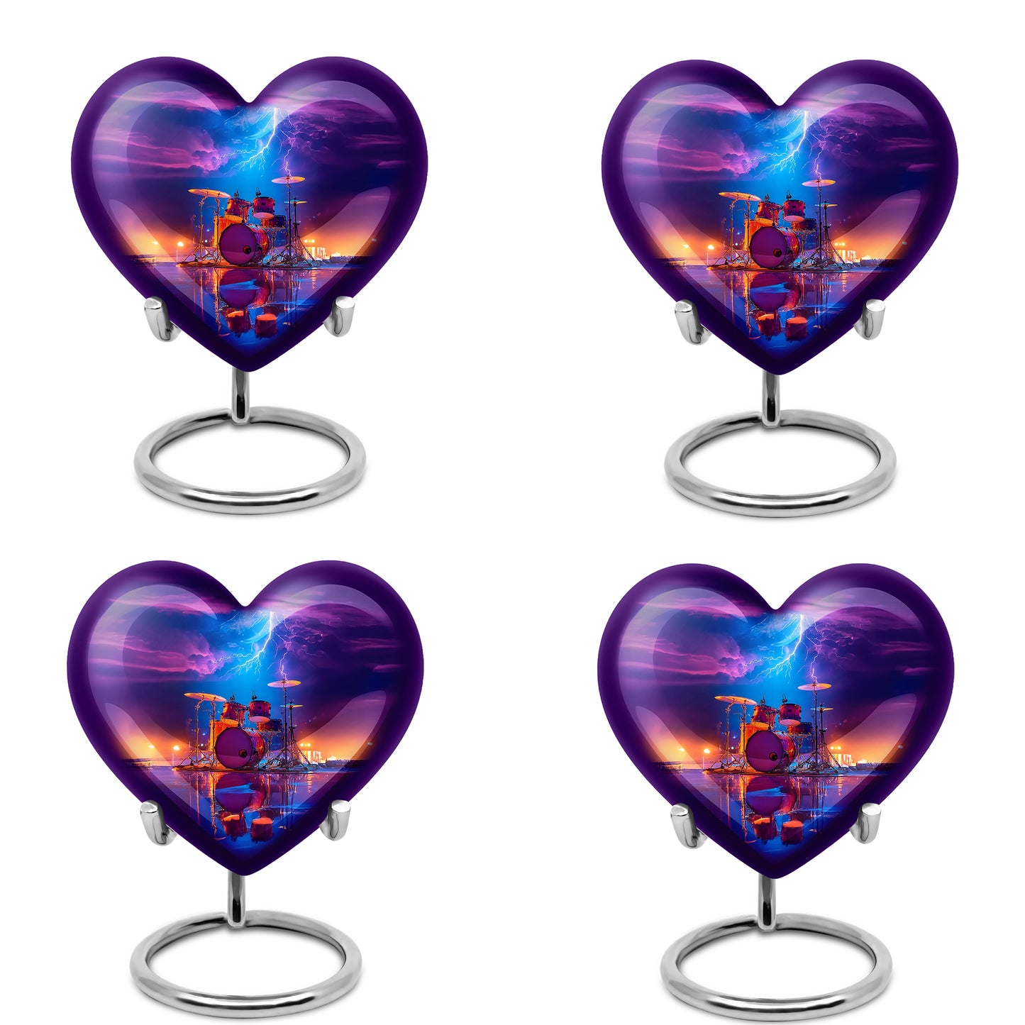 Cornflower Blue Drums Cremation Urn angled view of lid and engraved motif - romantic heart urn with drums motif on aluminum - 10 inch aluminum urn for cremated remains
