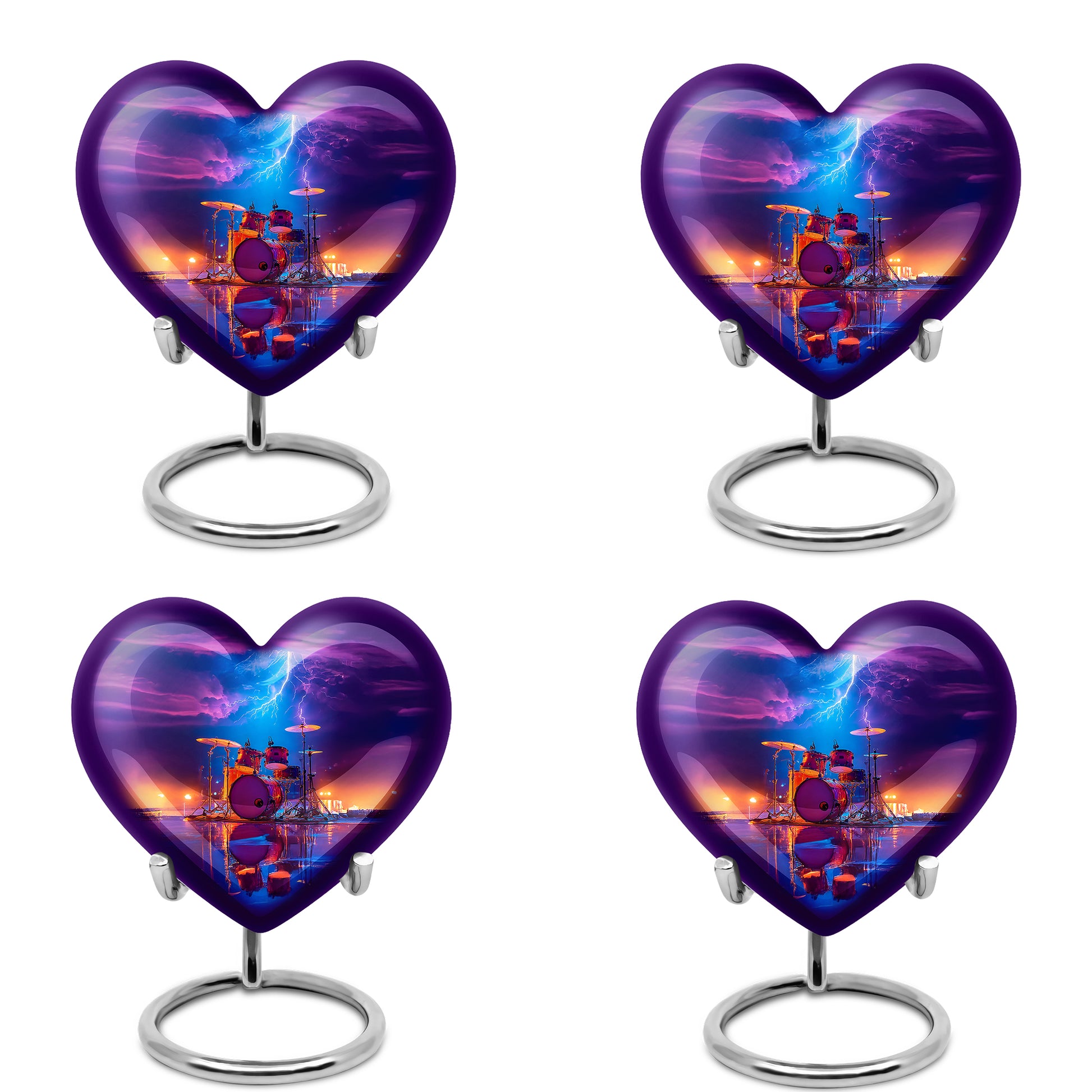 Cornflower Blue Drums Cremation Urn angled view of lid and engraved motif - romantic heart urn with drums motif on aluminum - 10 inch aluminum urn for cremated remains