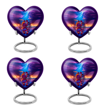 Cornflower Blue Drums Cremation Urn angled view of lid and engraved motif - romantic heart urn with drums motif on aluminum - 10 inch aluminum urn for cremated remains