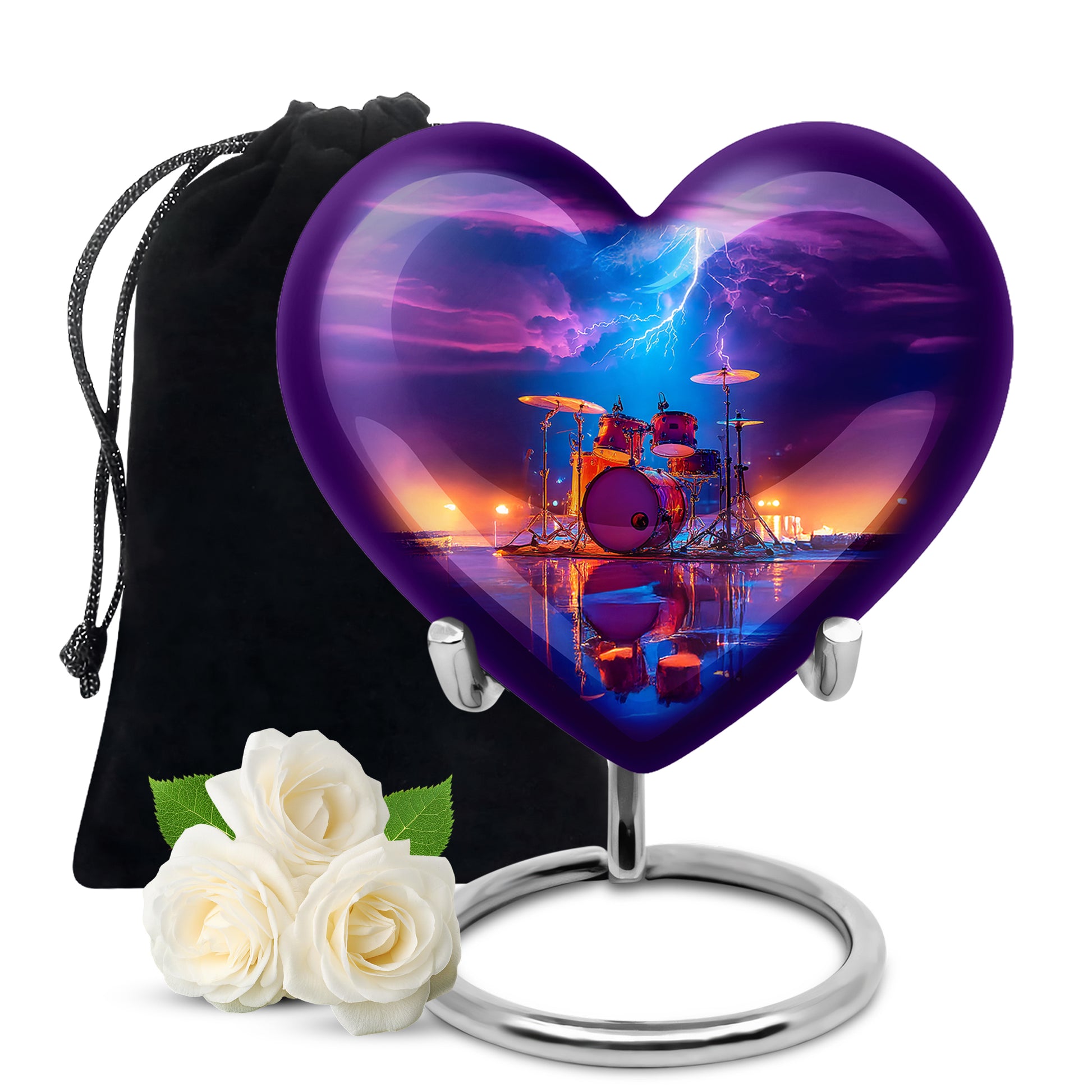 Pastel Blue Drums Cremation Urn detail view - heart-shaped drums design symbolizing eternal love - full-size 10 inch 200 cubic inch adult cremation urn