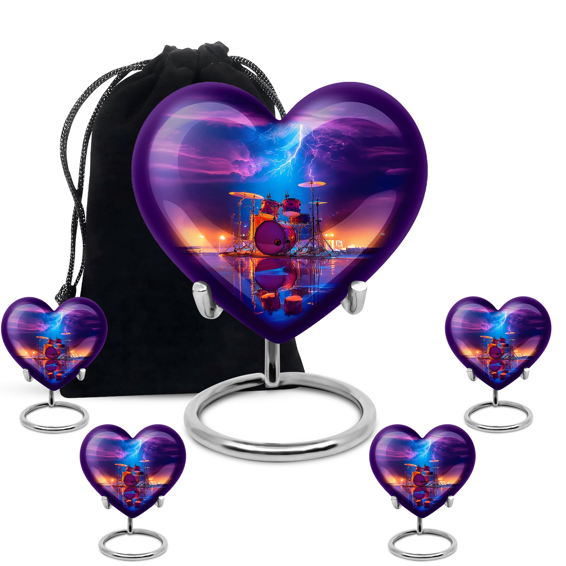 Indigo Drums Cremation Urn close-up of engraving and surface detail - heart-shaped drums design symbolizing eternal love - memorial set with one large and four small urns