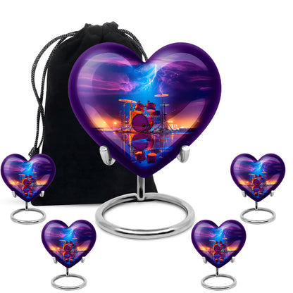 Indigo Drums Cremation Urn close-up of engraving and surface detail - heart-shaped drums design symbolizing eternal love - memorial set with one large and four small urns