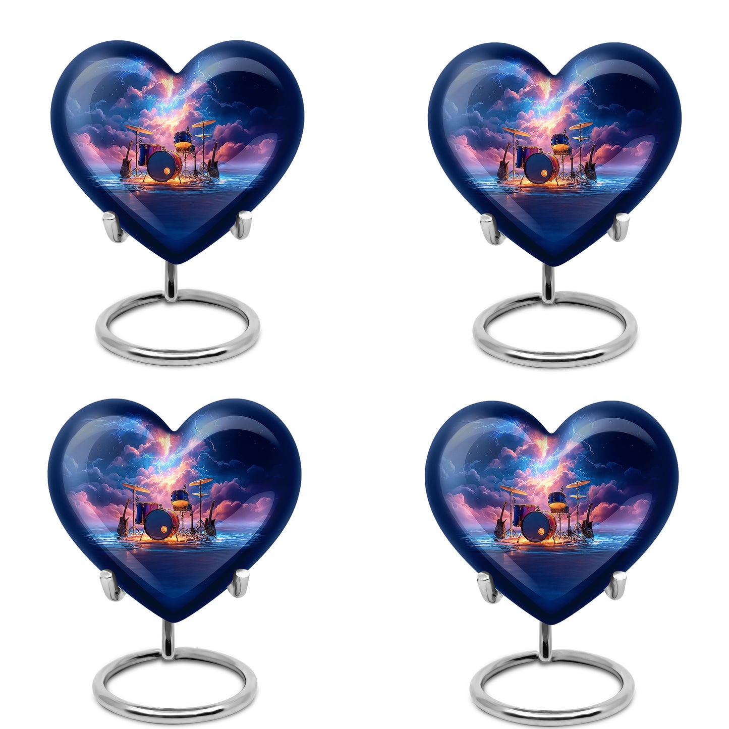 Steel Blue Drums Cremation Urn angled view of lid and engraved motif - compassionate heart-drums combination with gentle curves - 10 inch aluminum urn for cremated remains