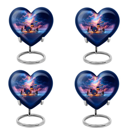 Steel Blue Drums Cremation Urn angled view of lid and engraved motif - compassionate heart-drums combination with gentle curves - 10 inch aluminum urn for cremated remains