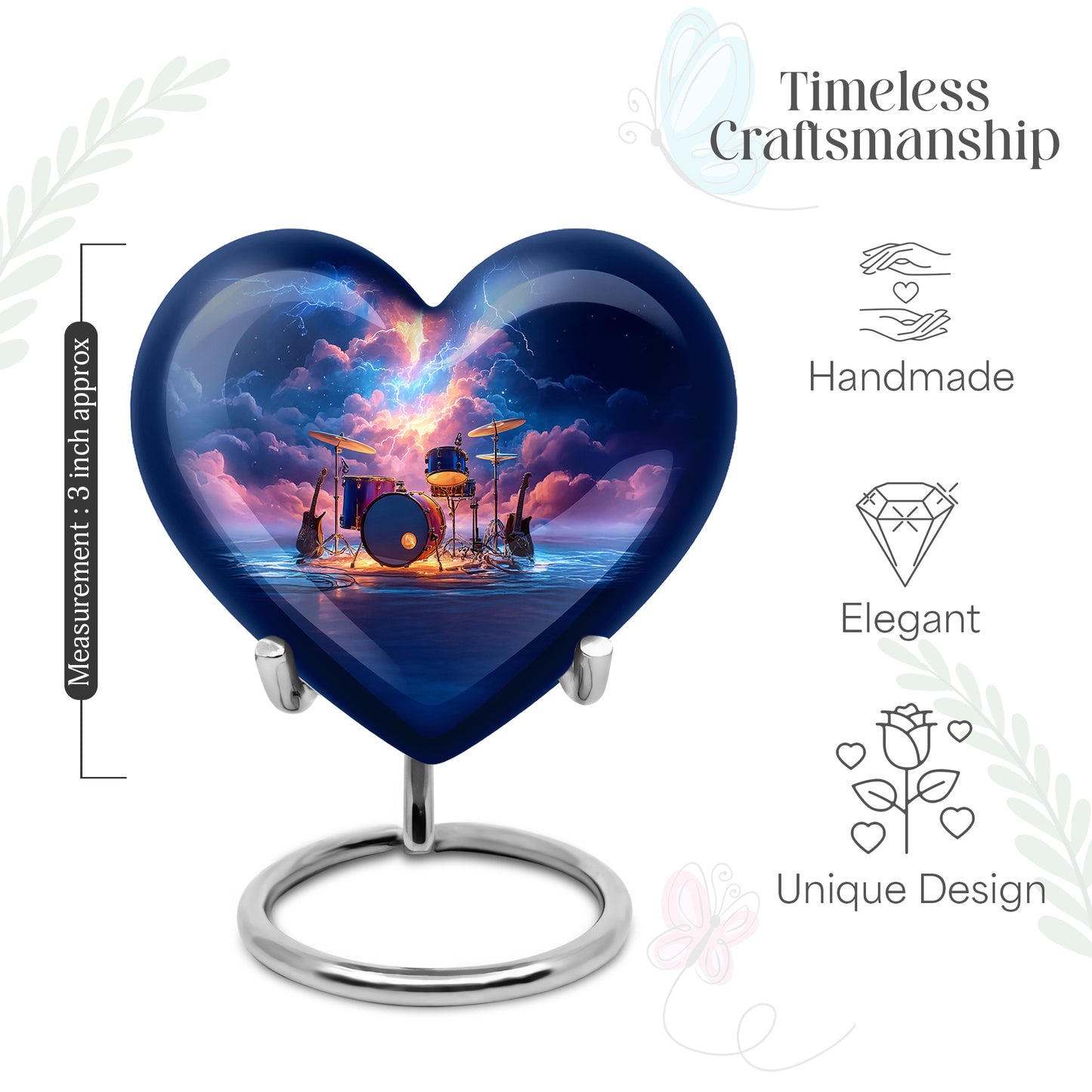 Twilight Blue Drums Cremation Urn front view showing detailed design - compassionate heart-drums combination with gentle curves - mini keepsake memorial for portion of cremation ashes