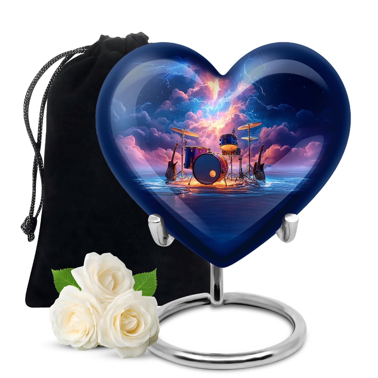 Vivid Blue Drums Cremation Urn detail view - romantic heart urn with drums motif on aluminum - full-size 10 inch 200 cubic inch adult cremation urn