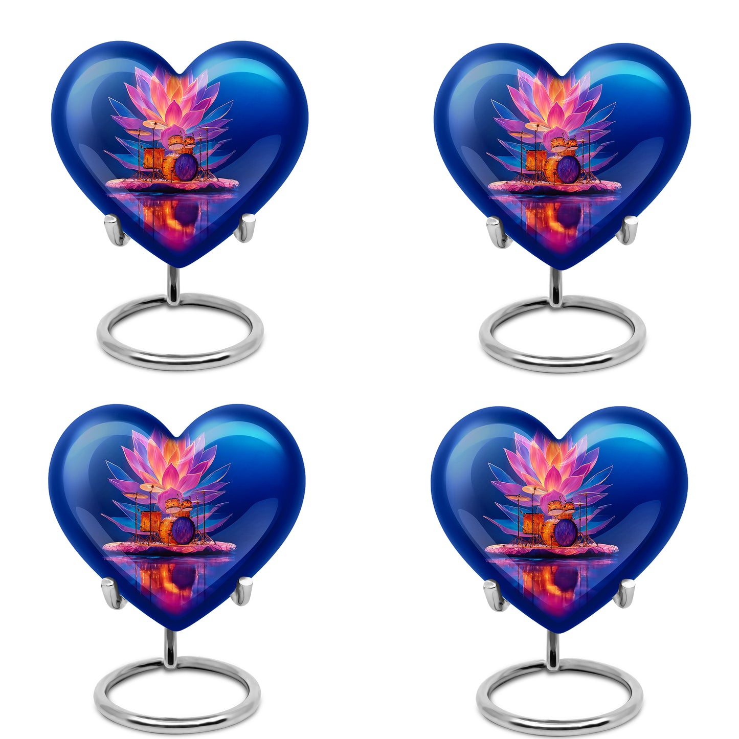 Icy Blue Drums Cremation Urn angled view of lid and engraved motif - loving heart memorial featuring drums pattern - 10 inch aluminum urn for cremated remains