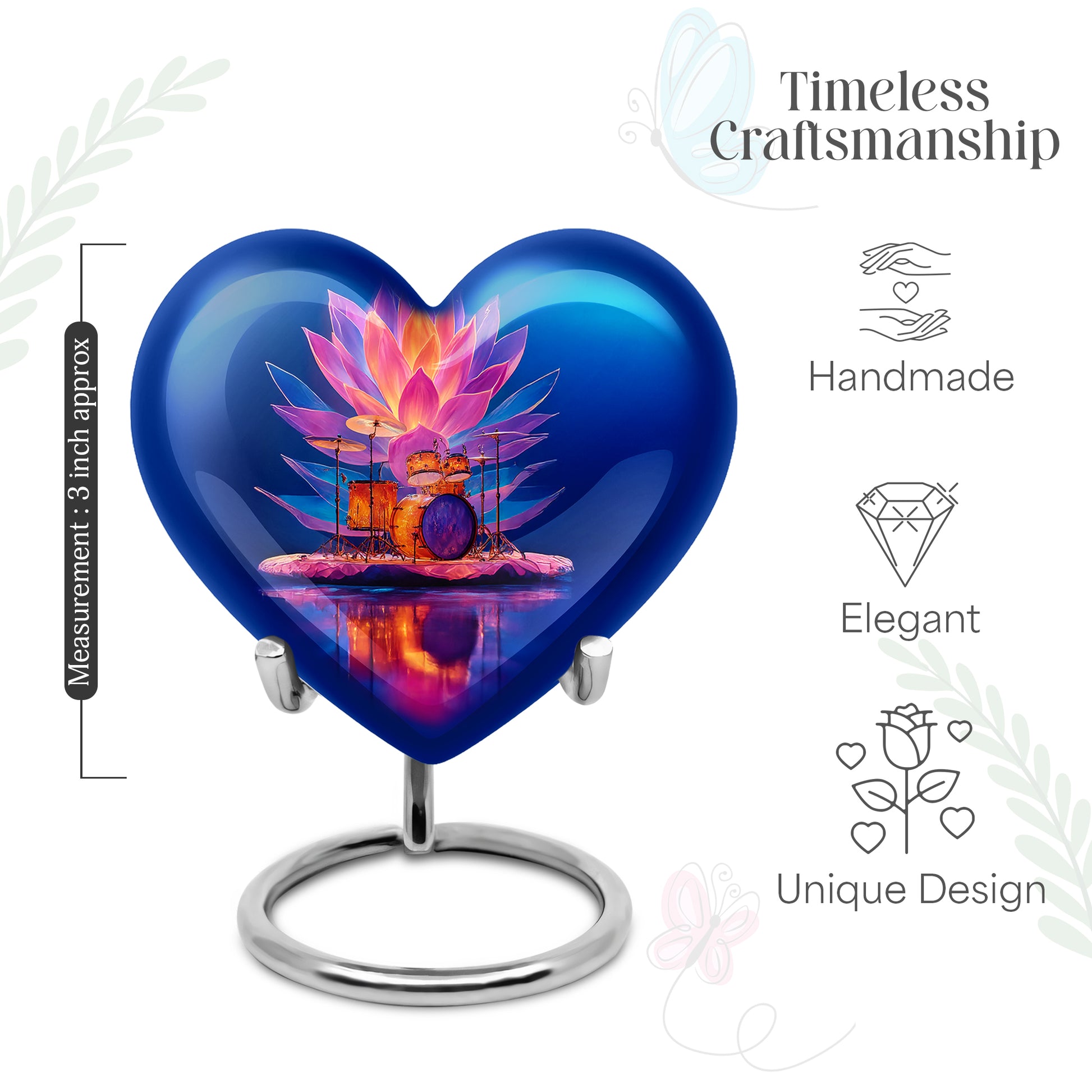 Misty Blue Drums Cremation Urn front view showing detailed design - heart-shaped drums design symbolizing eternal love - mini keepsake memorial for portion of cremation ashes