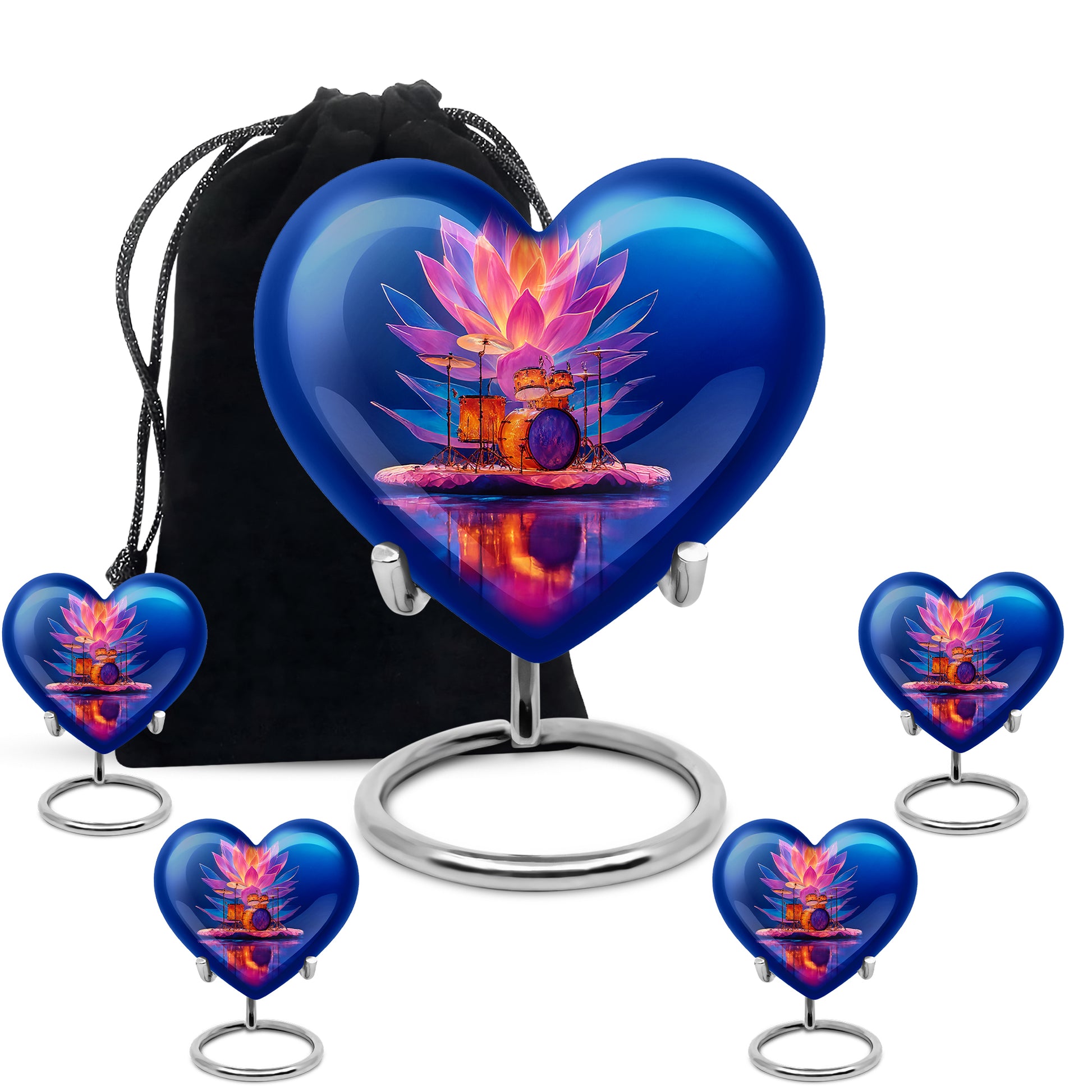 Indigo Drums Cremation Urn close-up of engraving and surface detail - heart-shaped drums design symbolizing eternal love - memorial set with one large and four small urns