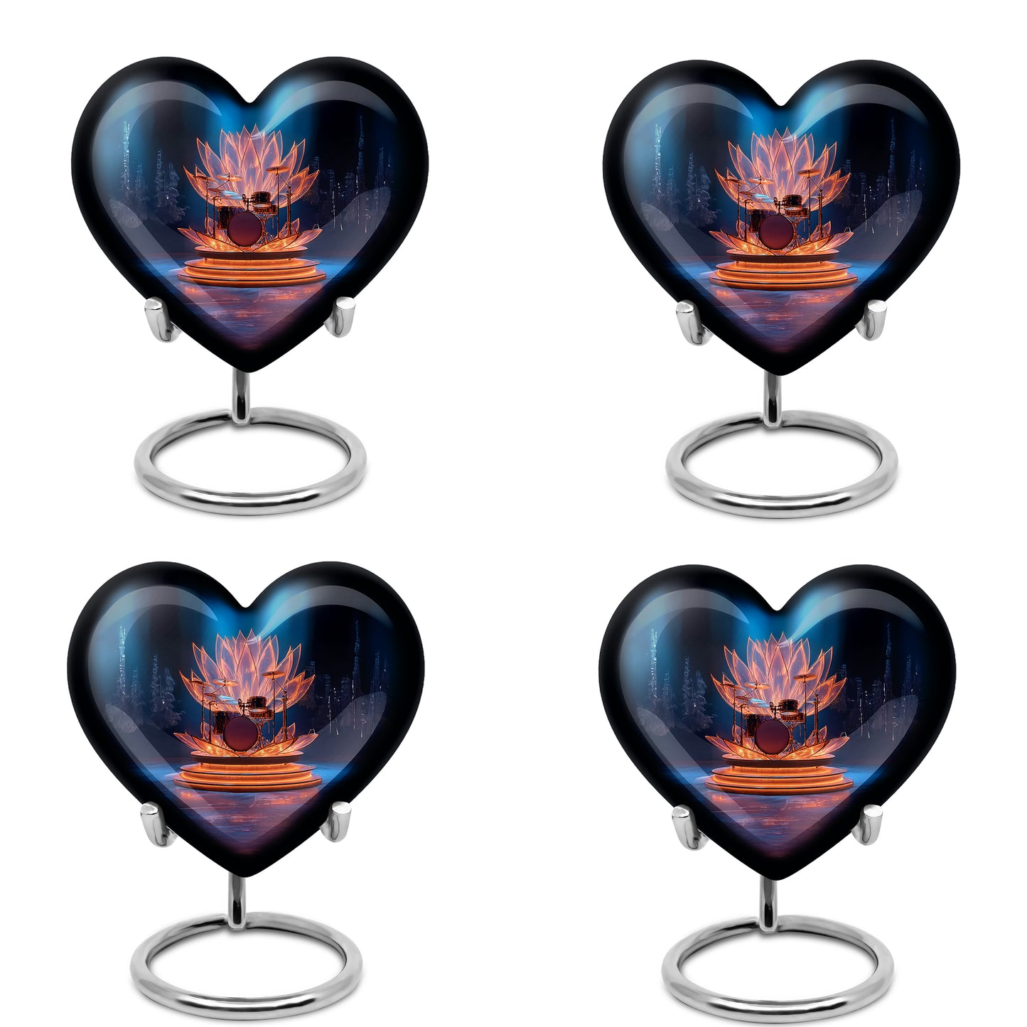 Calming Blue Drums Cremation Urn angled view of lid and engraved motif - compassionate heart-drums combination with gentle curves - 10 inch aluminum urn for cremated remains