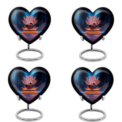 Calming Blue Drums Cremation Urn angled view of lid and engraved motif - compassionate heart-drums combination with gentle curves - 10 inch aluminum urn for cremated remains