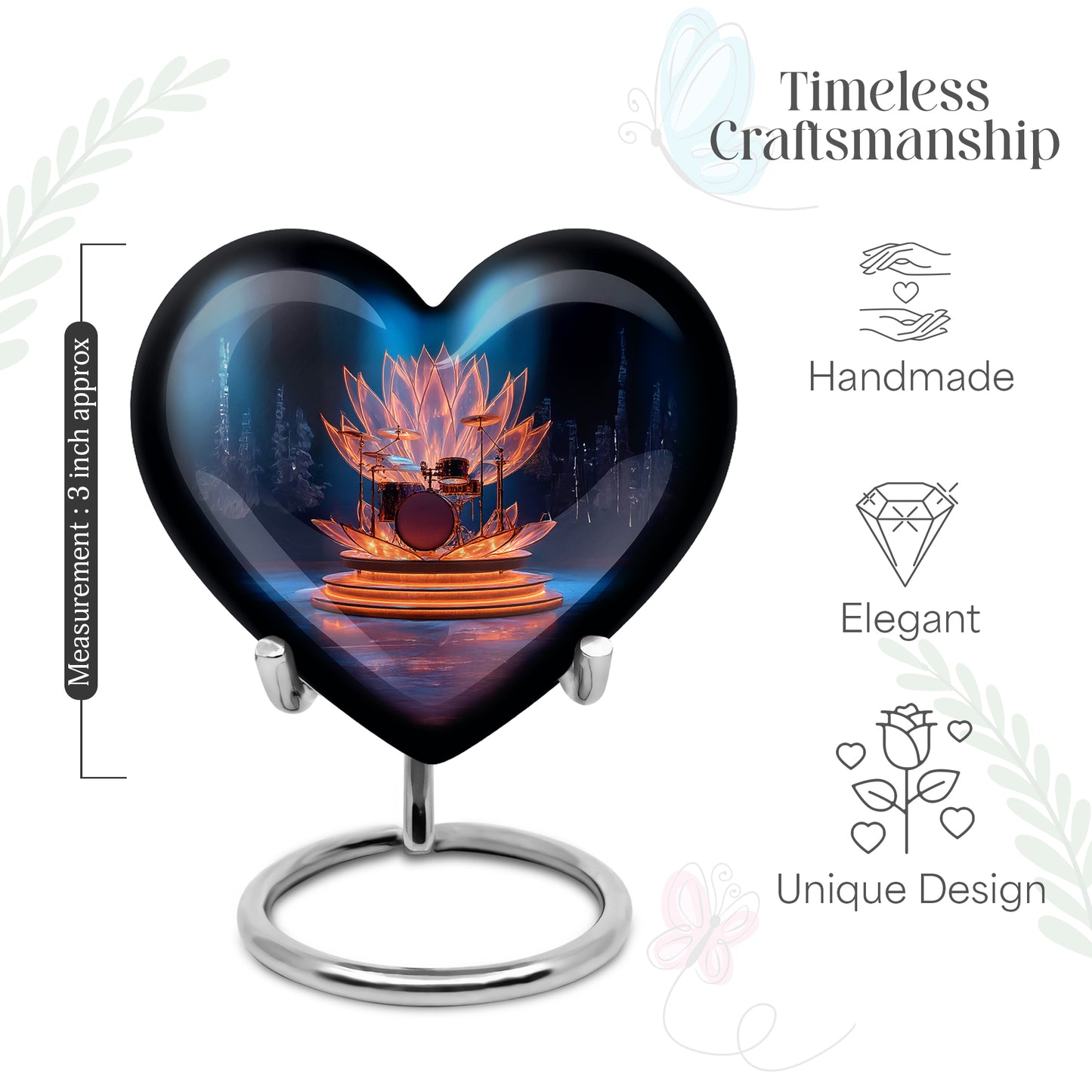 Vivid Blue Drums Cremation Urn front view showing detailed design - compassionate heart-drums combination with gentle curves - mini keepsake memorial for portion of cremation ashes