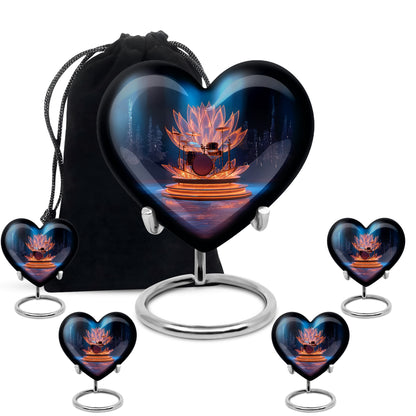 Calming Blue Drums Cremation Urn close-up of engraving and surface detail - compassionate heart-drums combination with gentle curves - memorial set with one large and four small urns