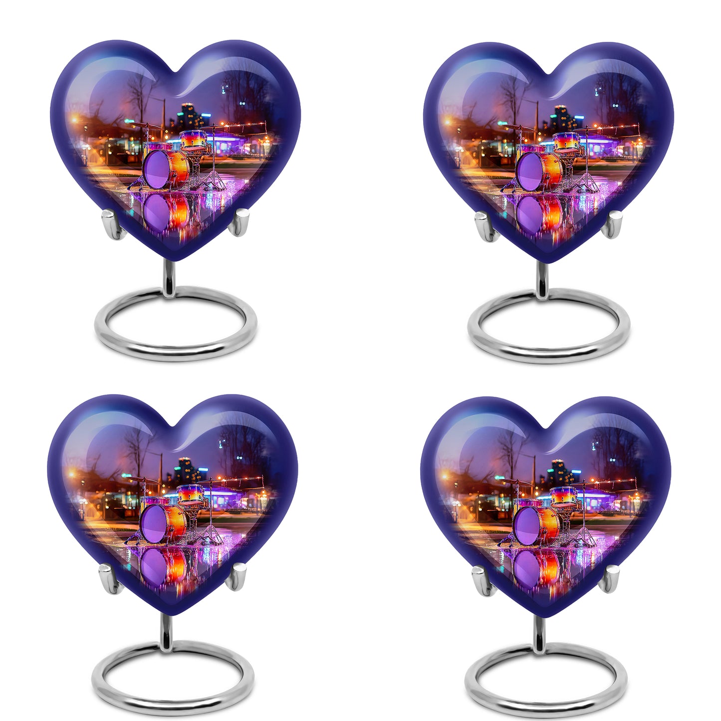 Icy Blue Drums Cremation Urn angled view of lid and engraved motif - heart-shaped drums design symbolizing eternal love - 10 inch aluminum urn for cremated remains