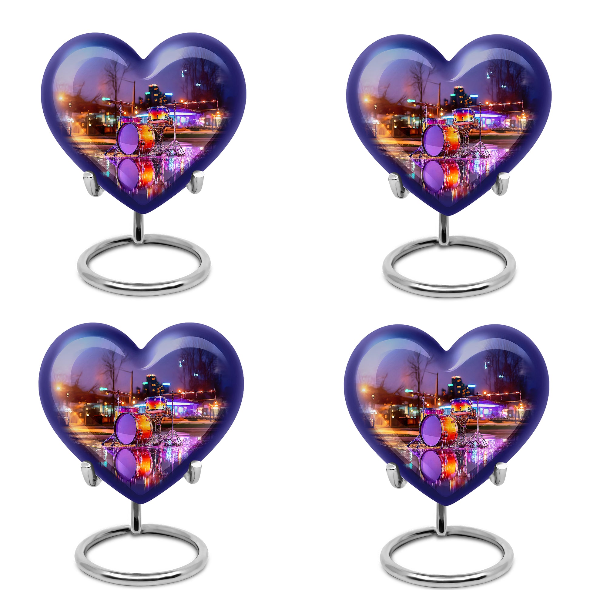 Icy Blue Drums Cremation Urn angled view of lid and engraved motif - heart-shaped drums design symbolizing eternal love - 10 inch aluminum urn for cremated remains