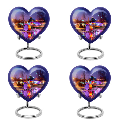 Icy Blue Drums Cremation Urn angled view of lid and engraved motif - heart-shaped drums design symbolizing eternal love - 10 inch aluminum urn for cremated remains