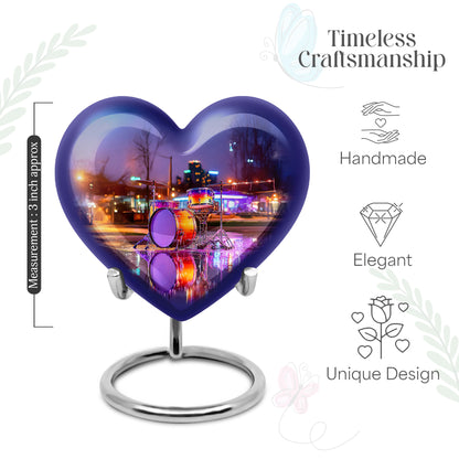 Royal Blue Drums Cremation Urn front view showing detailed design - compassionate heart-drums combination with gentle curves - mini keepsake memorial for portion of cremation ashes