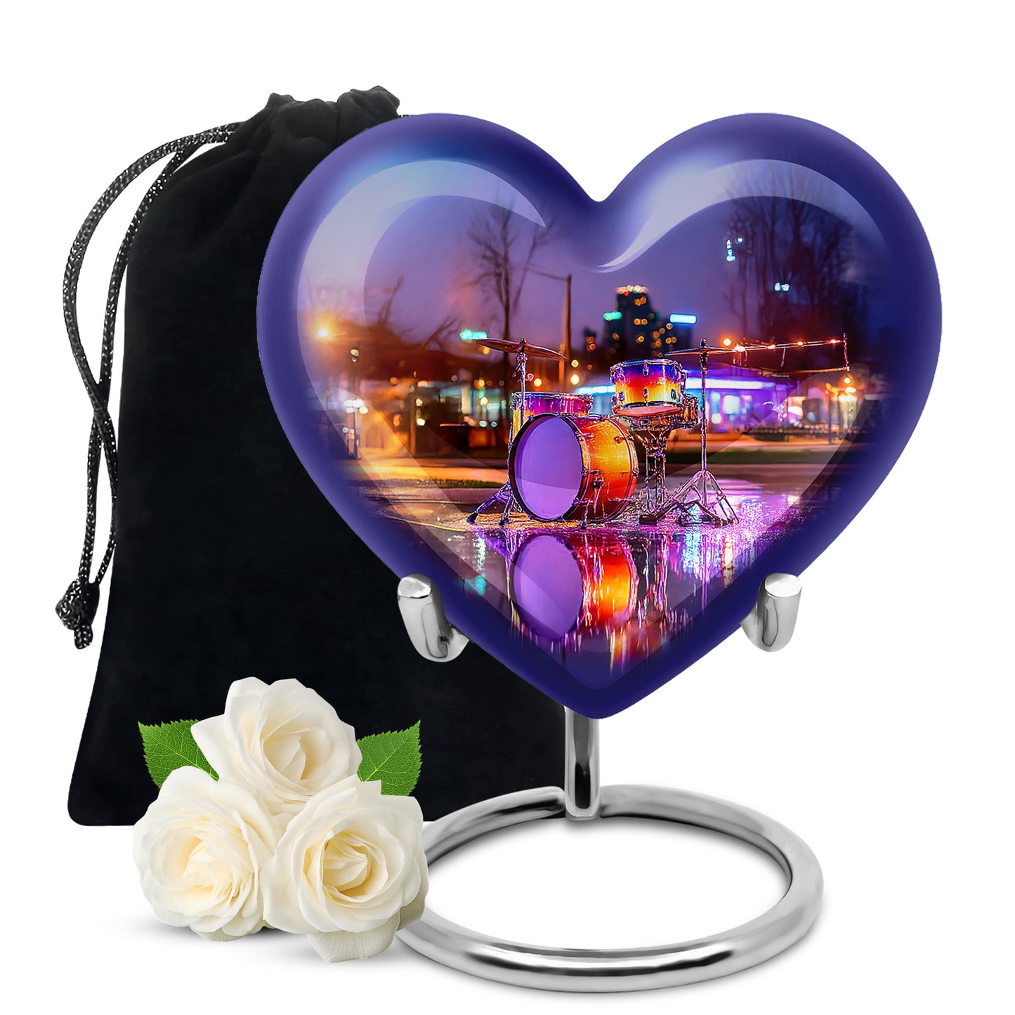 Slate Blue Drums Cremation Urn detail view - heart-shaped drums design symbolizing eternal love - full-size 10 inch 200 cubic inch adult cremation urn
